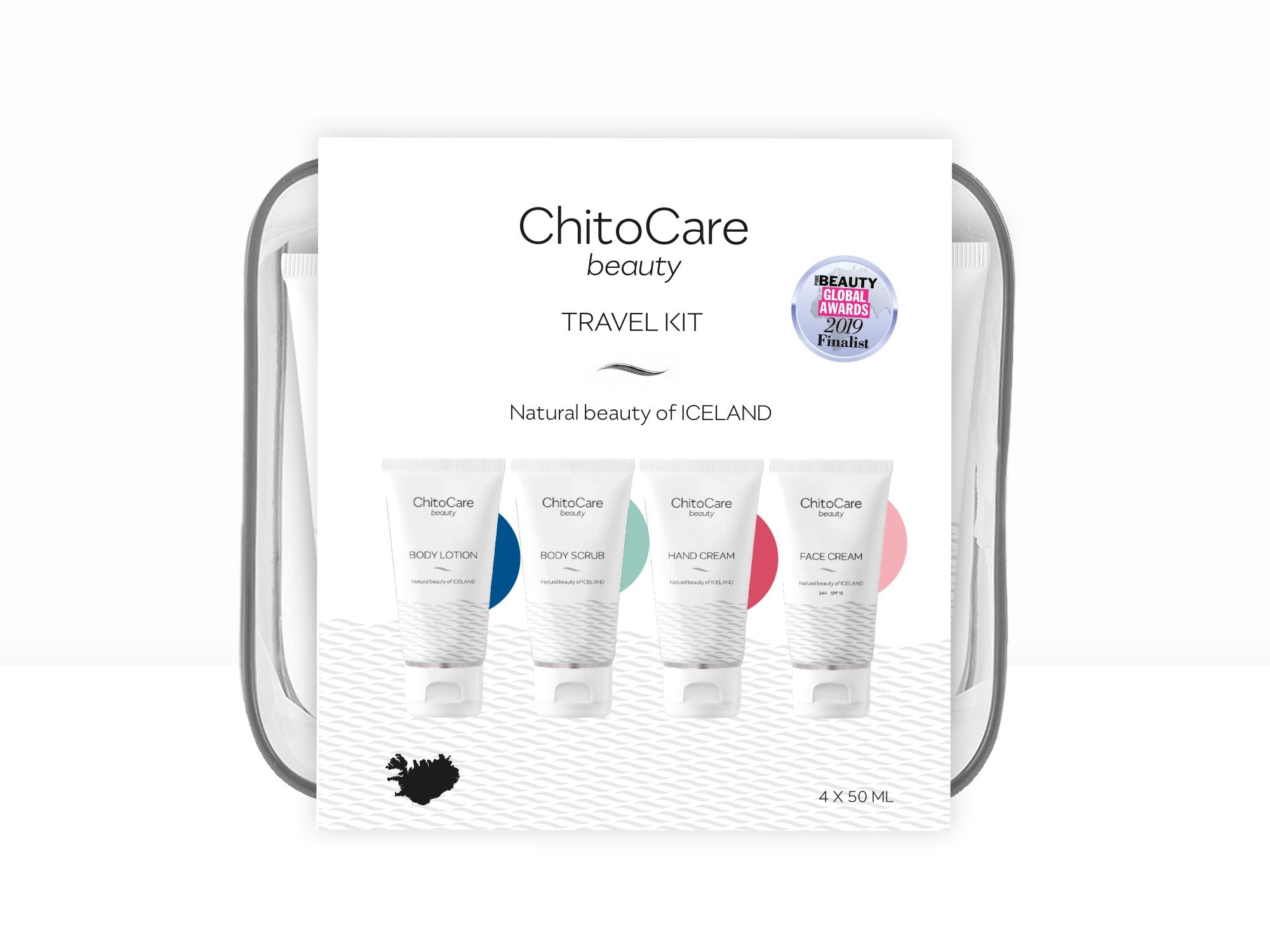 Image of ChitoCare Beauty Travel Kit, containing four 50ml tubes with body scrub, body lotion, hand cream and face cream.