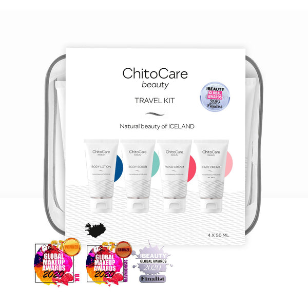 Image of ChitoCare Beauty Travel Kit, containing four 50ml tubes with body scrub, body lotion, hand cream and face cream.