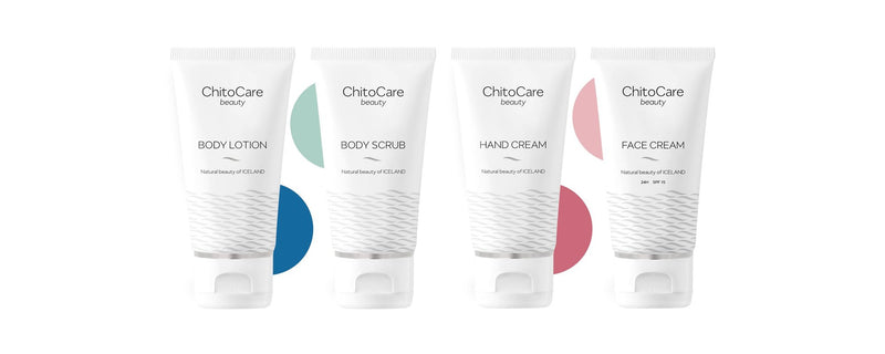 Image of ChitoCare Beauty Travel Kit contents, that are body scrub, body lotion, hand cream and face cream.