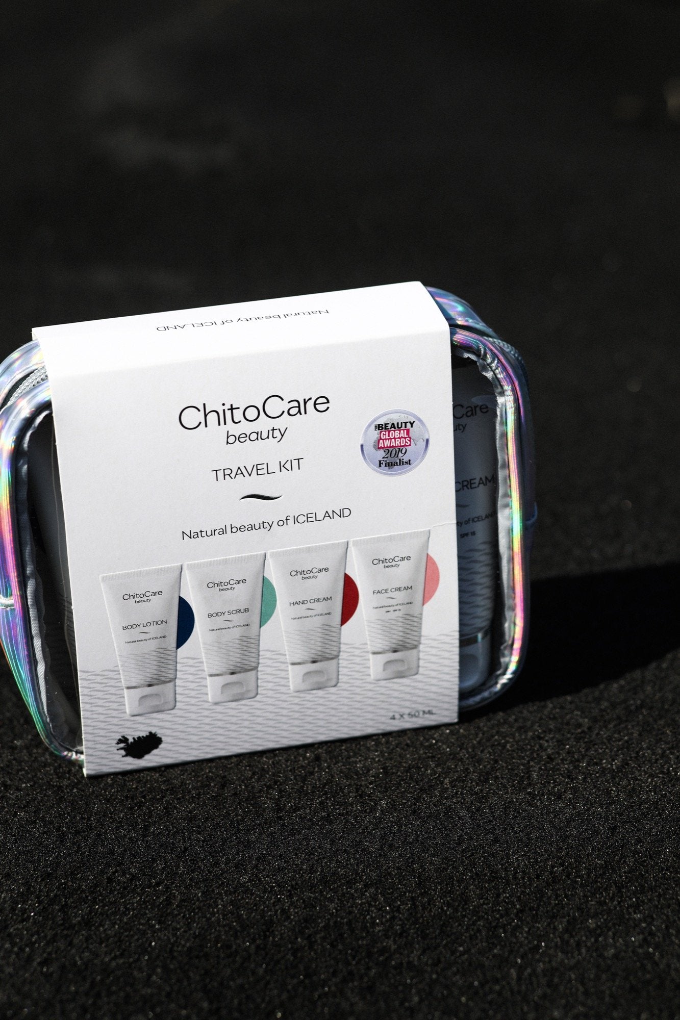 Image of ChitoCare Beauty Travel Kit, containing four 50ml tubes with body scrub, body lotion, hand cream and face cream.