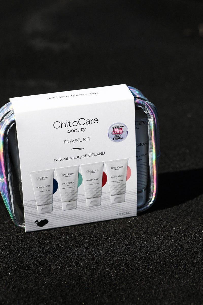 Image of ChitoCare Beauty Travel Kit, containing four 50ml tubes with body scrub, body lotion, hand cream and face cream.