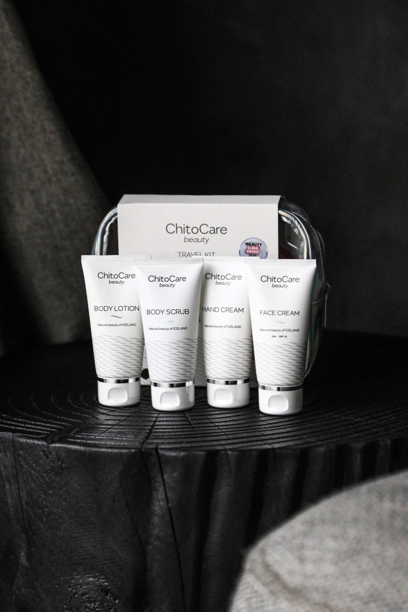 Image of ChitoCare Beauty Travel Kit, containing four 50ml tubes with body scrub, body lotion, hand cream and face cream.